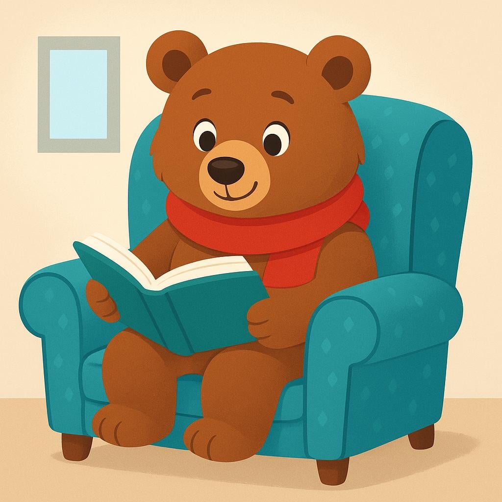 A storybook illustration of a friendly cartoon bear sitting comfortably in an armchair, wearing a bright red scarf.