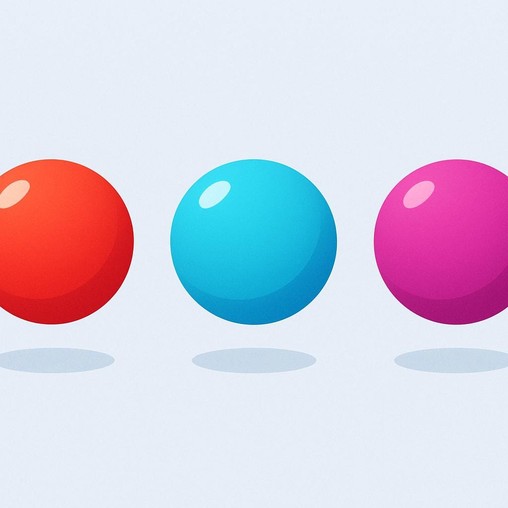 Drie identieke, felgekleurde bollen (die abstracte gebeurtenissen voorstellen) die in een lijn bewegen, gescheiden door perfect gelijke afstanden, wat regelmaat illustreert.