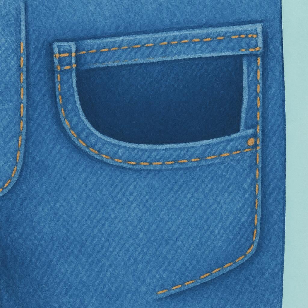 A close-up view of a simple, empty, blue denim pocket sewn into a piece of clothing.