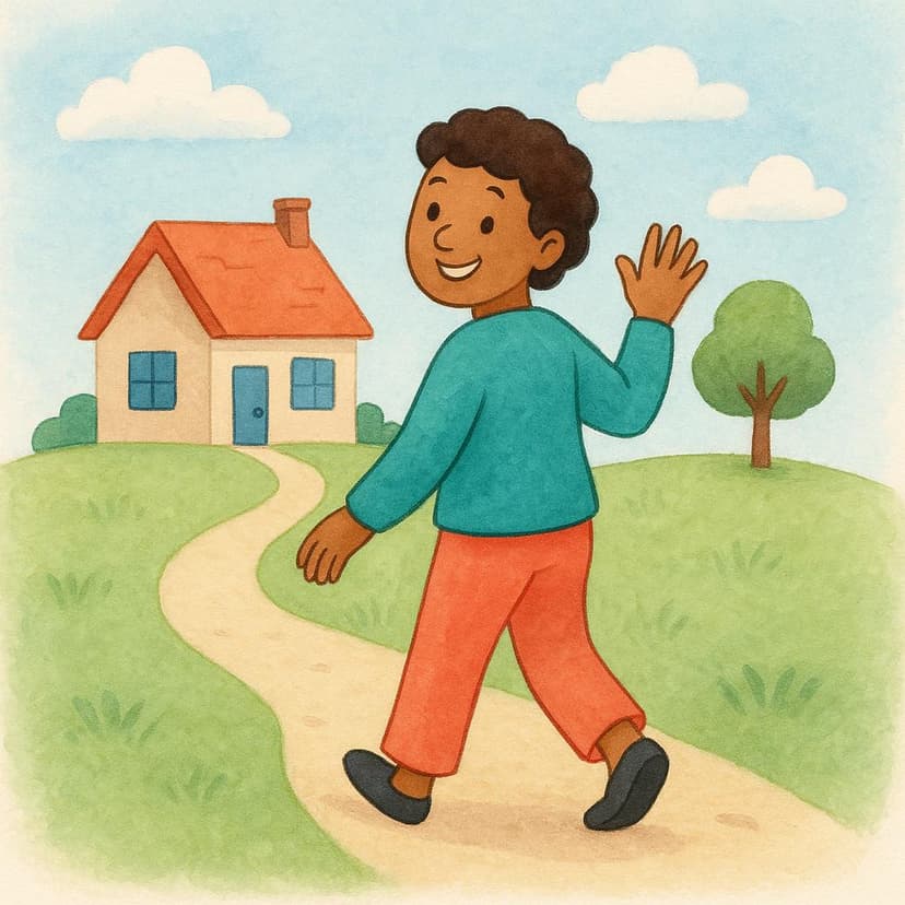 A colorful illustration of a person walking away from a house, turning back to wave goodbye over their shoulder.