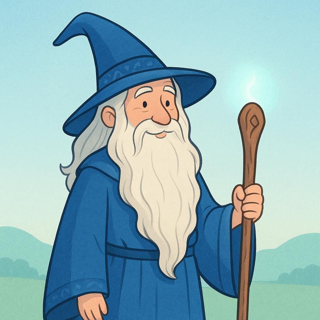 A fantasy wizard figure, depicted as an old man with a long white beard, wearing blue robes and a pointed hat, holding a glowing staff.
