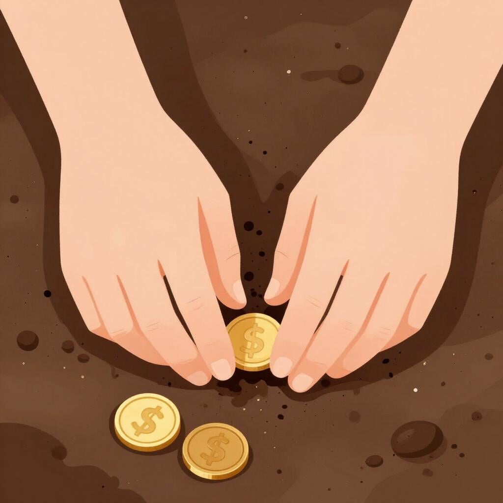A pair of hands gently clearing dirt away from a glowing golden coin buried in the earth.