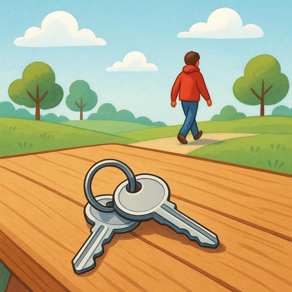 A storybook image showing a set of keys abandoned on a picnic table as a person walks away in the distance, depicting an item left behind unintentionally.