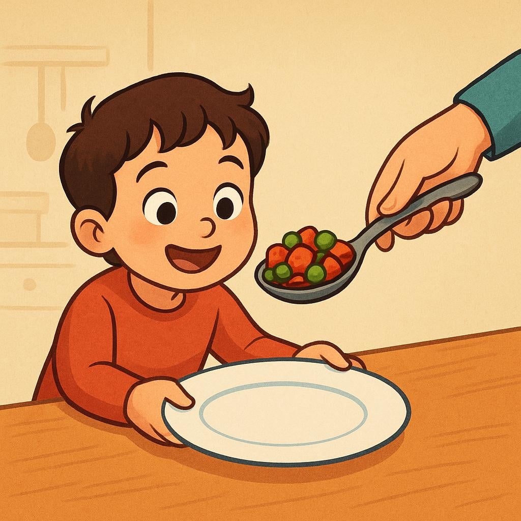 A happy child holding out an empty dinner plate toward an adult who is serving a large scoop of food onto the plate from a serving bowl.