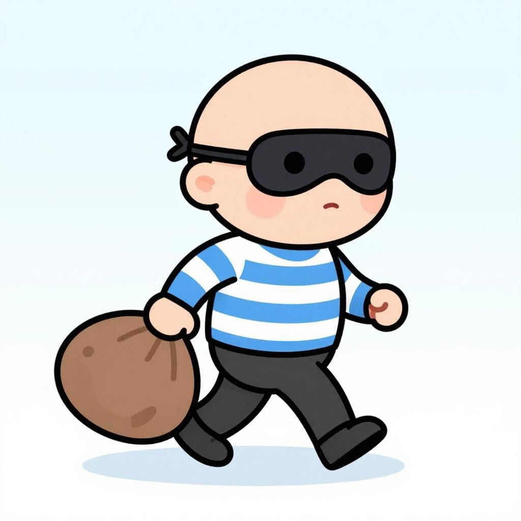 A person wearing a striped shirt and a mask carrying a heavy sack over their shoulder.