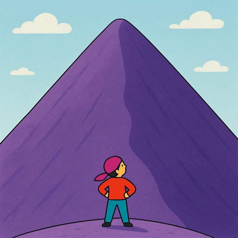 A small, brave person stands at the base of a massive, steep hill or symbolic obstacle, looking up determinedly to signify facing a challenge.