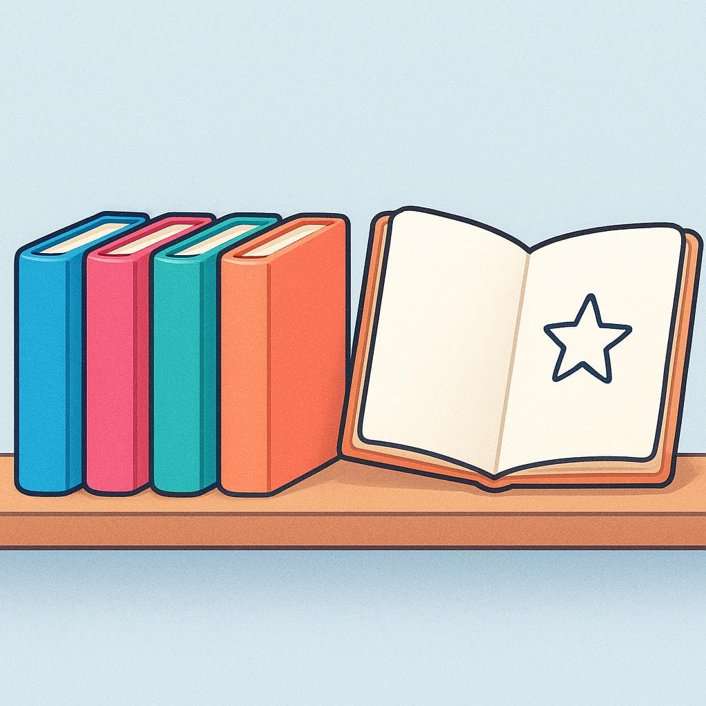 A colorful storybook illustration showing a series of four identical closed books on a shelf. One book is slightly pulled out and open to show a simple drawing inside, symbolizing a single episode in a series.