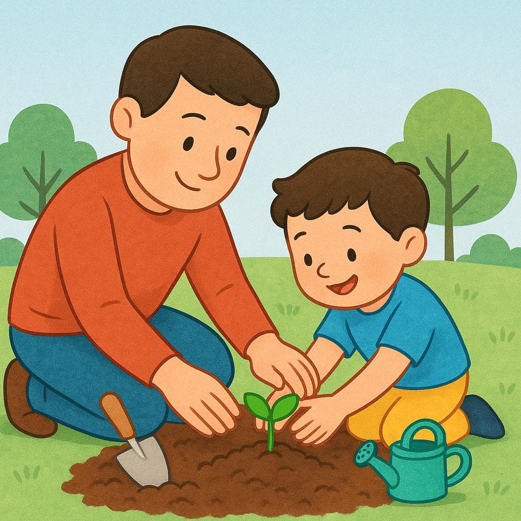 Uma instrutora gentil mostrando a uma criança pequena como plantar uma pequena muda em um jardim.