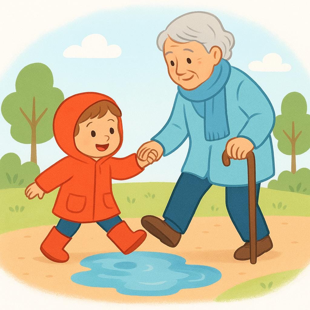 A small child holding the hand of an elderly person, helping them safely step over a puddle on the sidewalk.
