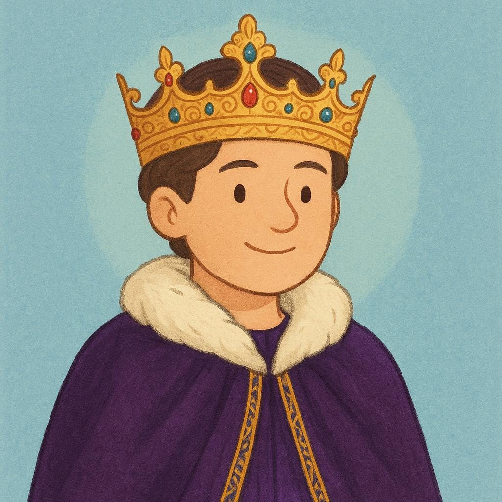 A regal figure stands upright, wearing a small, ornate golden crown and a rich purple velvet cloak, symbolizing high social status.