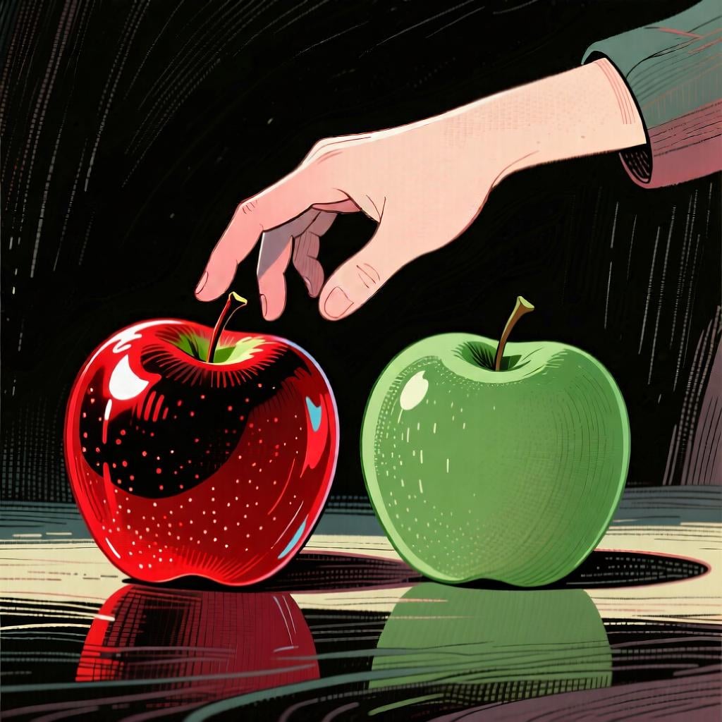 A hand choosing a shiny red apple over a simple green one, representing the concept of 'better'.
