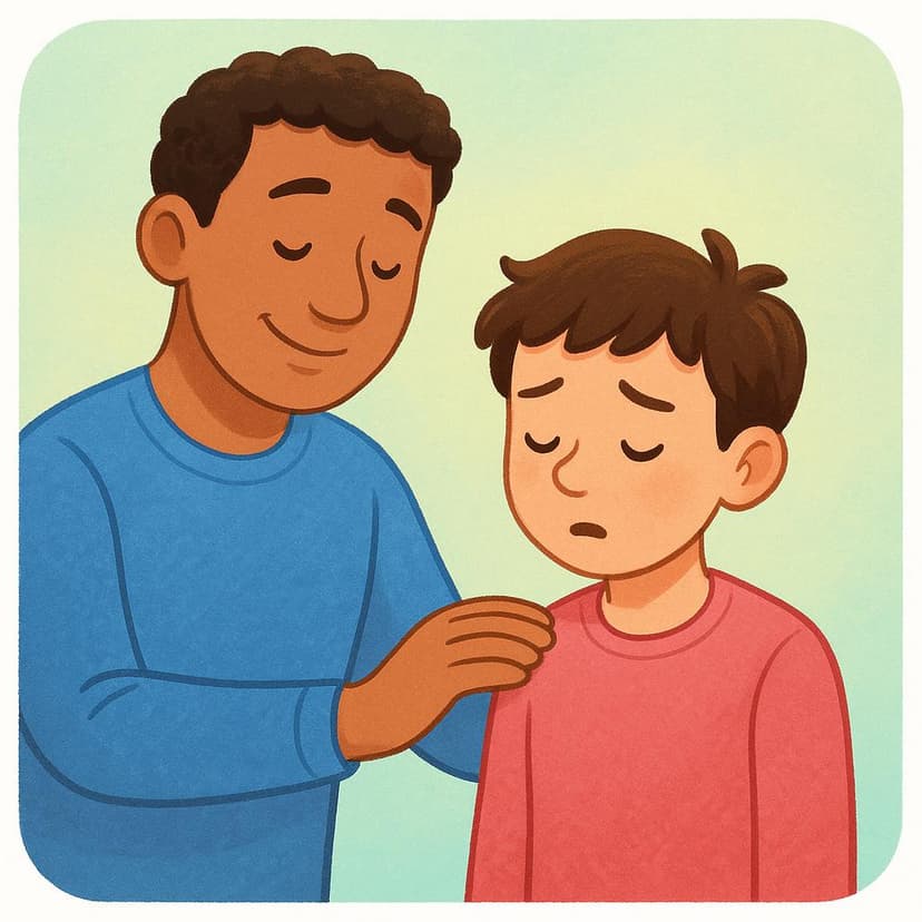 A friendly person comforts a smaller, apologetic person by placing a hand on their shoulder, offering a gesture of forgiveness and relief.