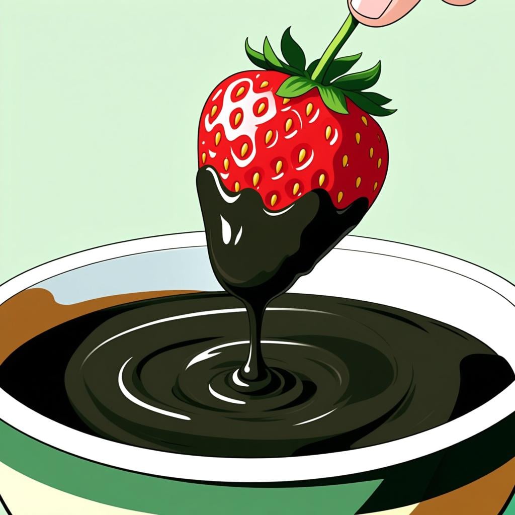 A single red strawberry being dipped into a bowl of thick, glossy melted chocolate, showing the chocolate coating the berry.