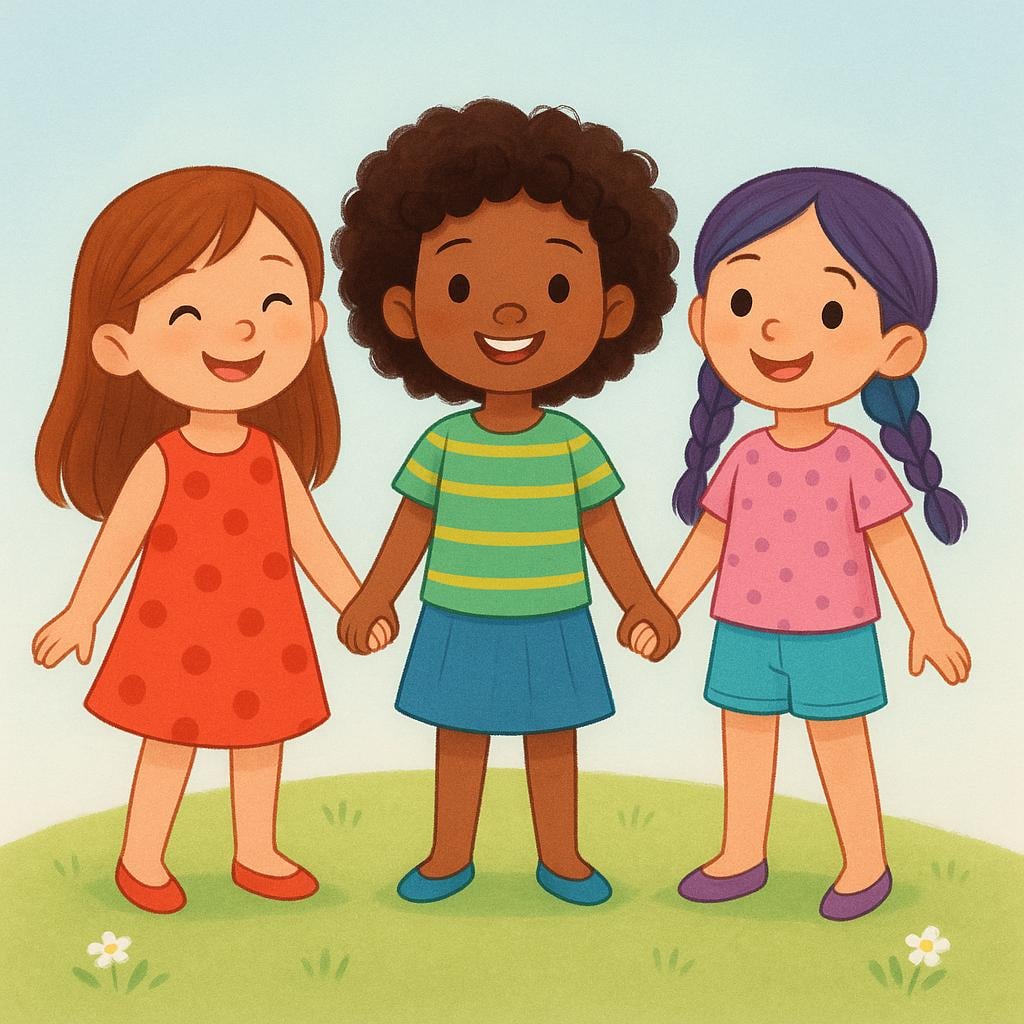 A storybook illustration showing three smiling young girls standing side by side.