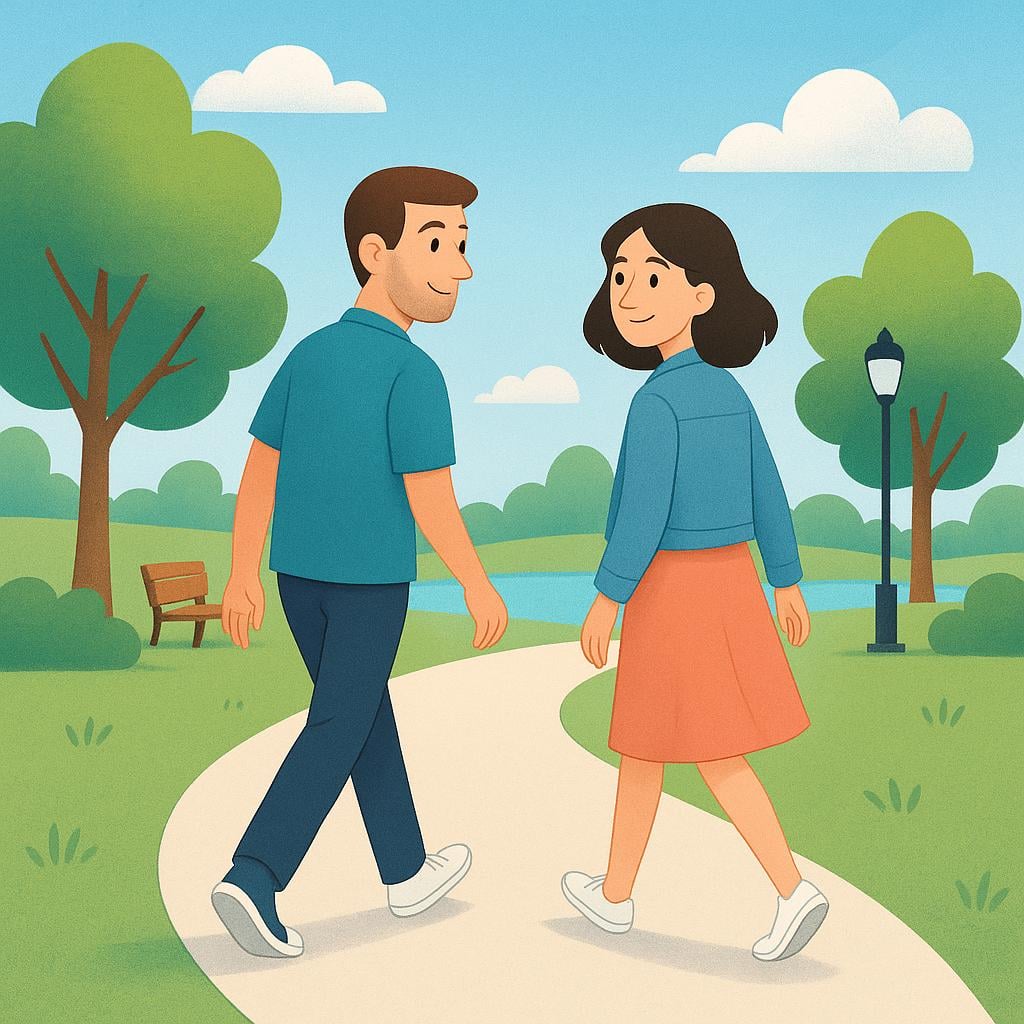 A man and a woman smile brightly at each other as they quickly pass by on a winding path, symbolizing a brief encounter.
