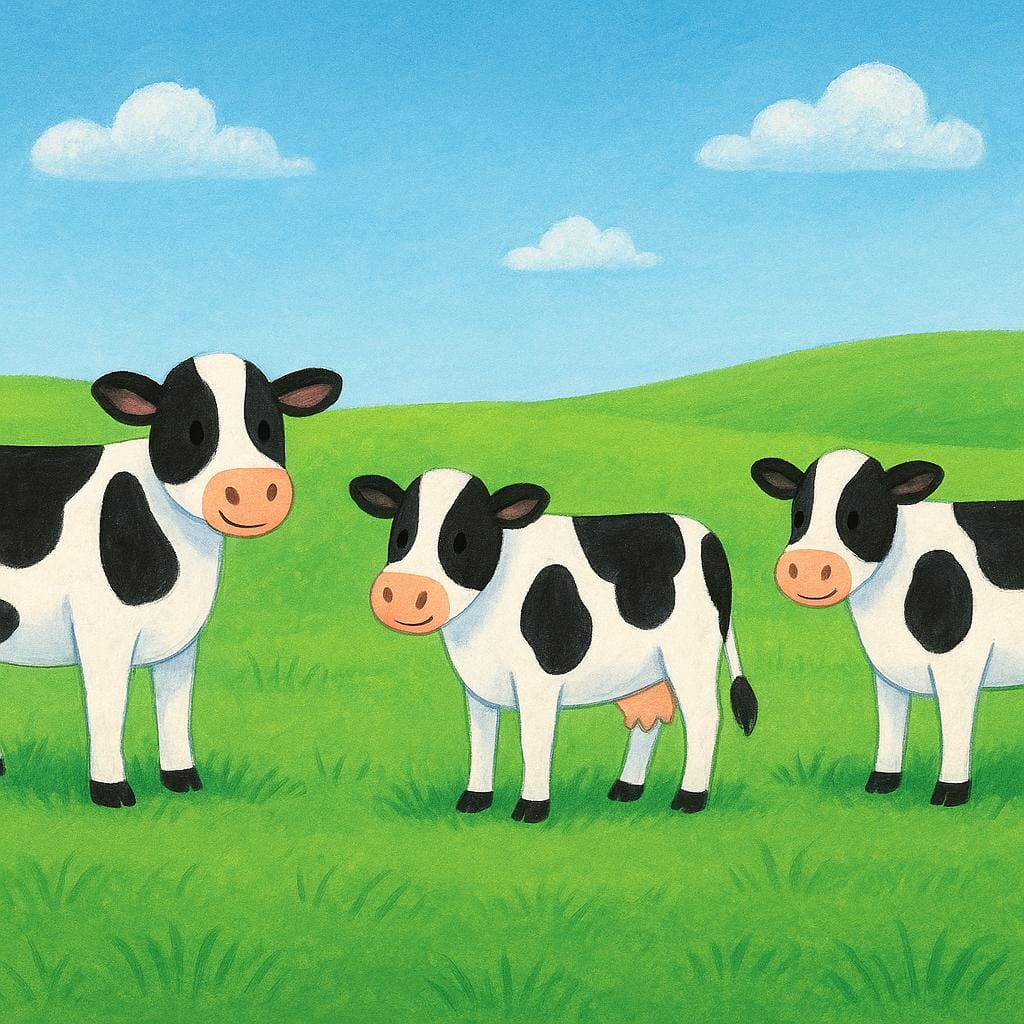A colorful storybook illustration showing three friendly Holstein cows standing together in a bright green pasture under a clear blue sky.