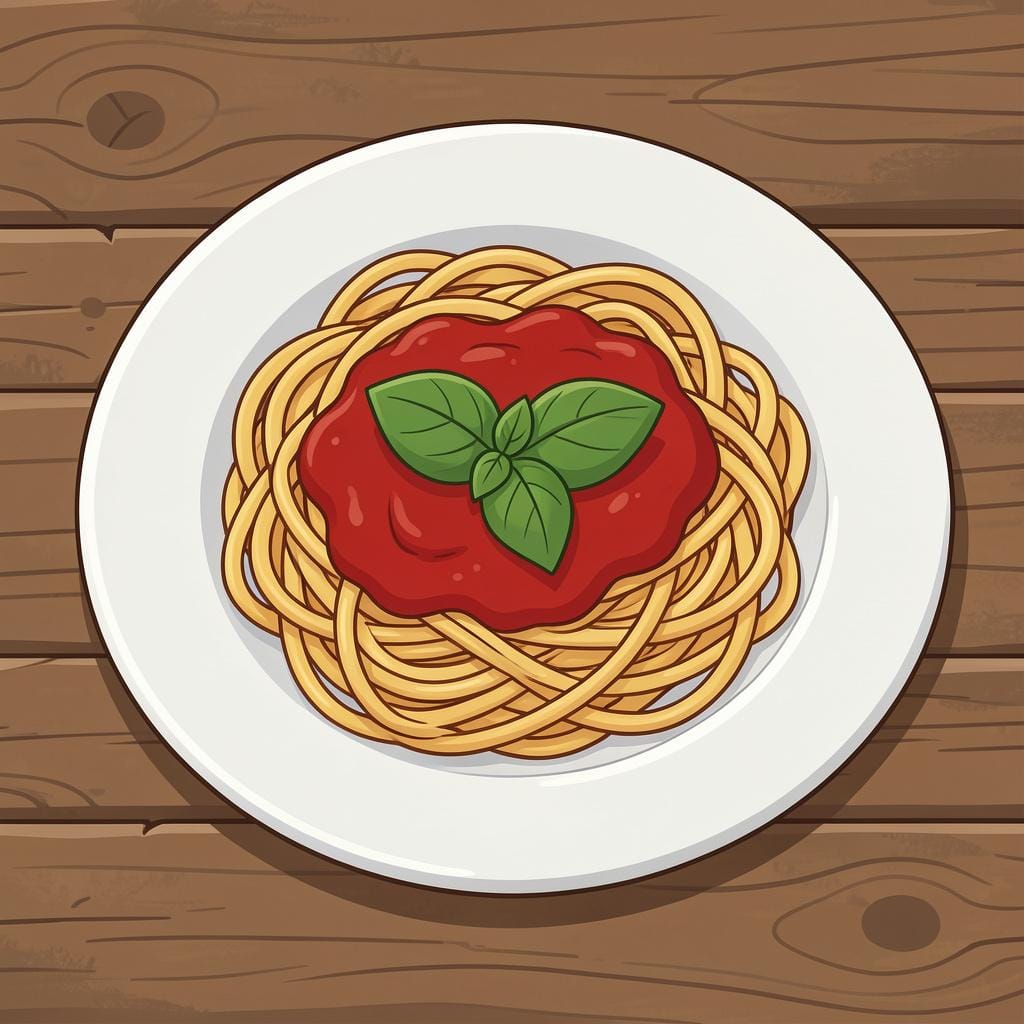 A wooden table with a fresh plate of spaghetti pasta topped with tomato sauce and a basil leaf.