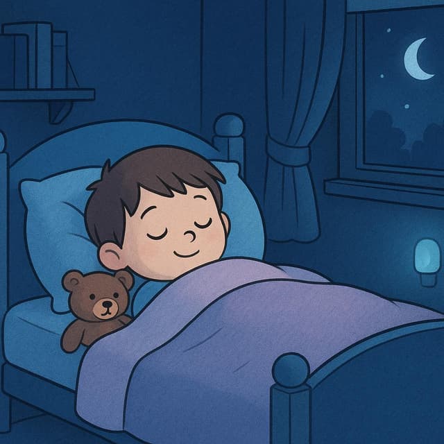 Een eenvoudige, kleurrijke illustratie van een persoon die comfortabel in een groot bed ligt onder een deken, met een kleine bedlamp die zacht licht geeft, wat duidt op bedtijd.