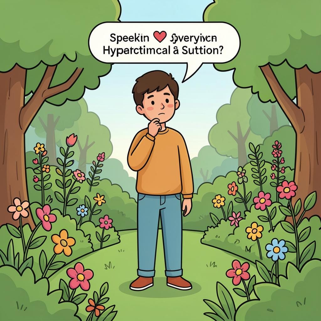 A person standing in a garden with a thoughtful expression and a speech bubble with a heart, imagining a conversation.