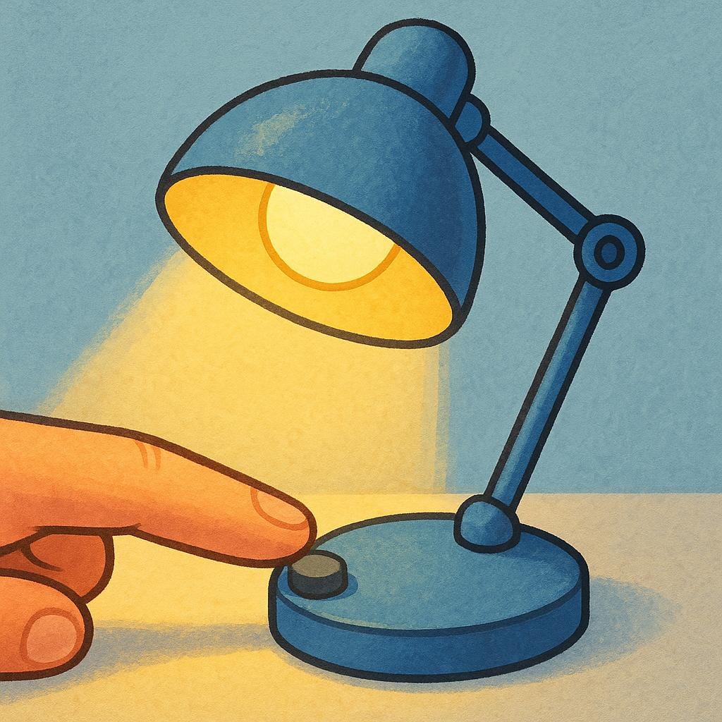 A finger pressing a switch on a simple desk lamp, causing the lamp to immediately illuminate and cast warm light.