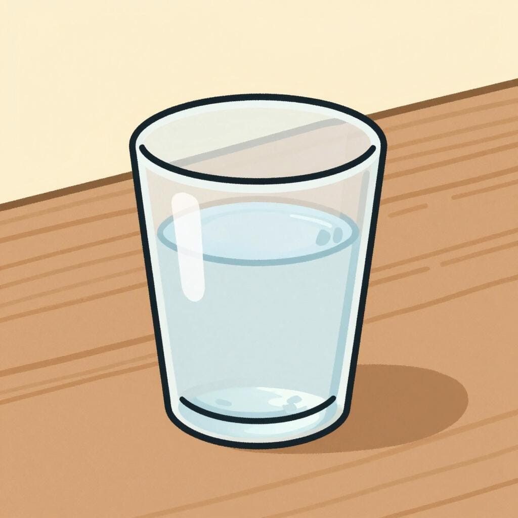 Eine kleine Tasse Wasser, die nur bis zur untersten Markierung gefüllt ist.