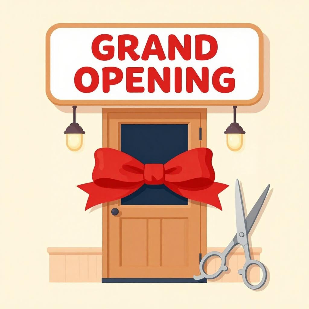 A colorful storefront with a bright red ribbon stretched across the entrance, ready to be cut.