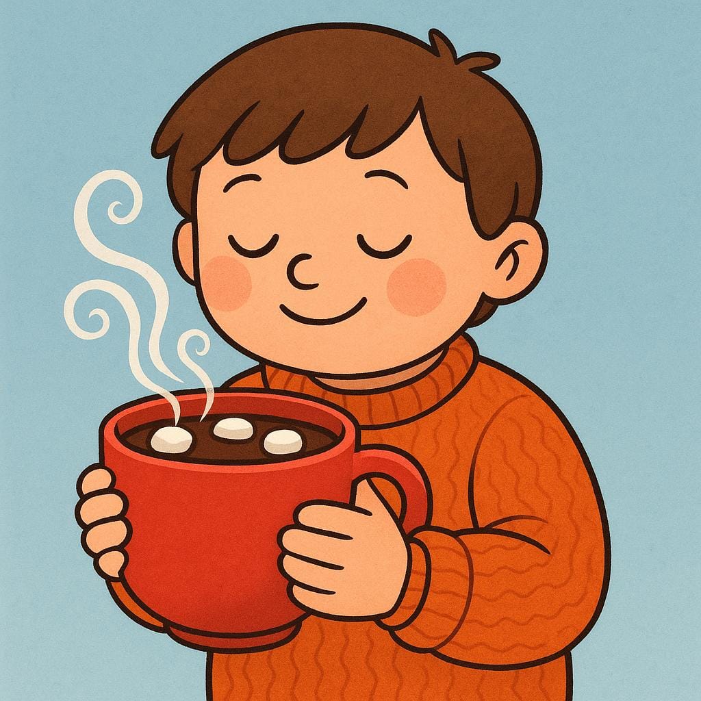 Une illustration simplifiée d'une personne tenant une tasse fumante de chocolat chaud à deux mains près de sa bouche, prête à boire.