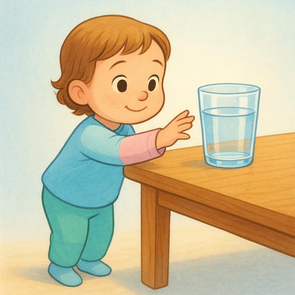 A child looking at a glass of water on a high table, reaching up as if politely asking for it.