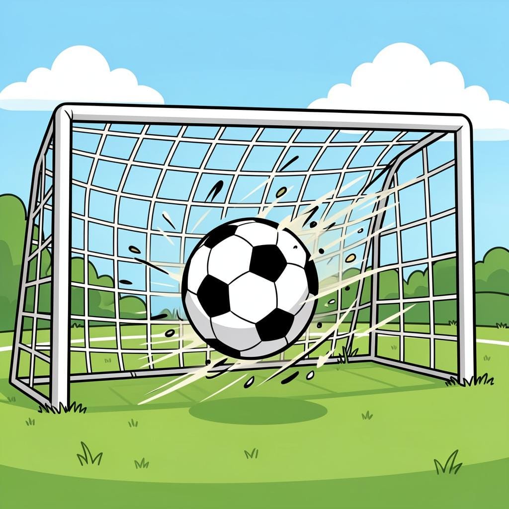 サッカーボールがネットの奥に向かって飛んでいく様子。