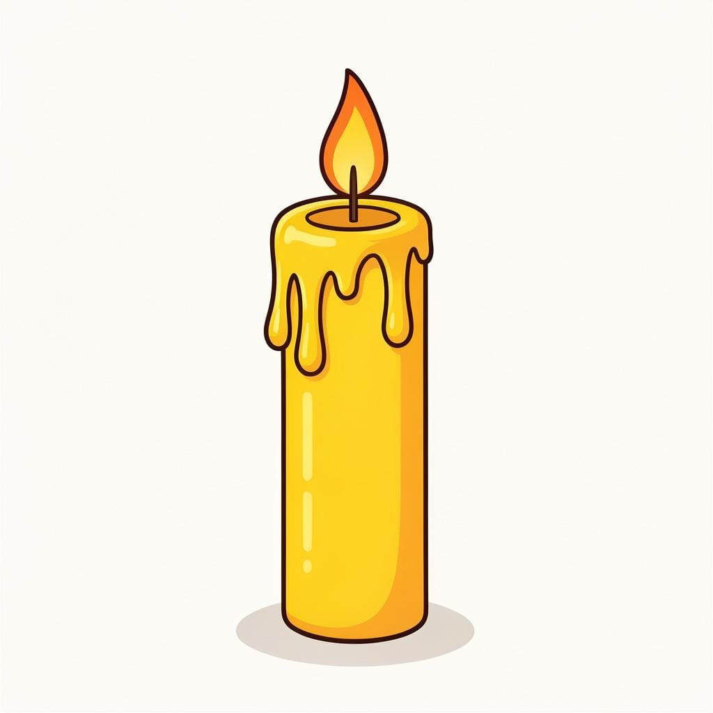 Een dikke, kleurrijke druipende kaars op een eenvoudige houten tafel.