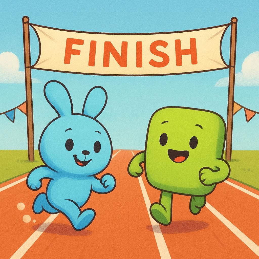Two simplified, colorful storybook characters running side-by-side on a track, approaching a finish line banner in a close race.