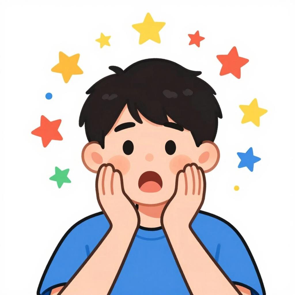 星が頭の周りを浮遊している、目を大きく見開いた驚いた表情の人。