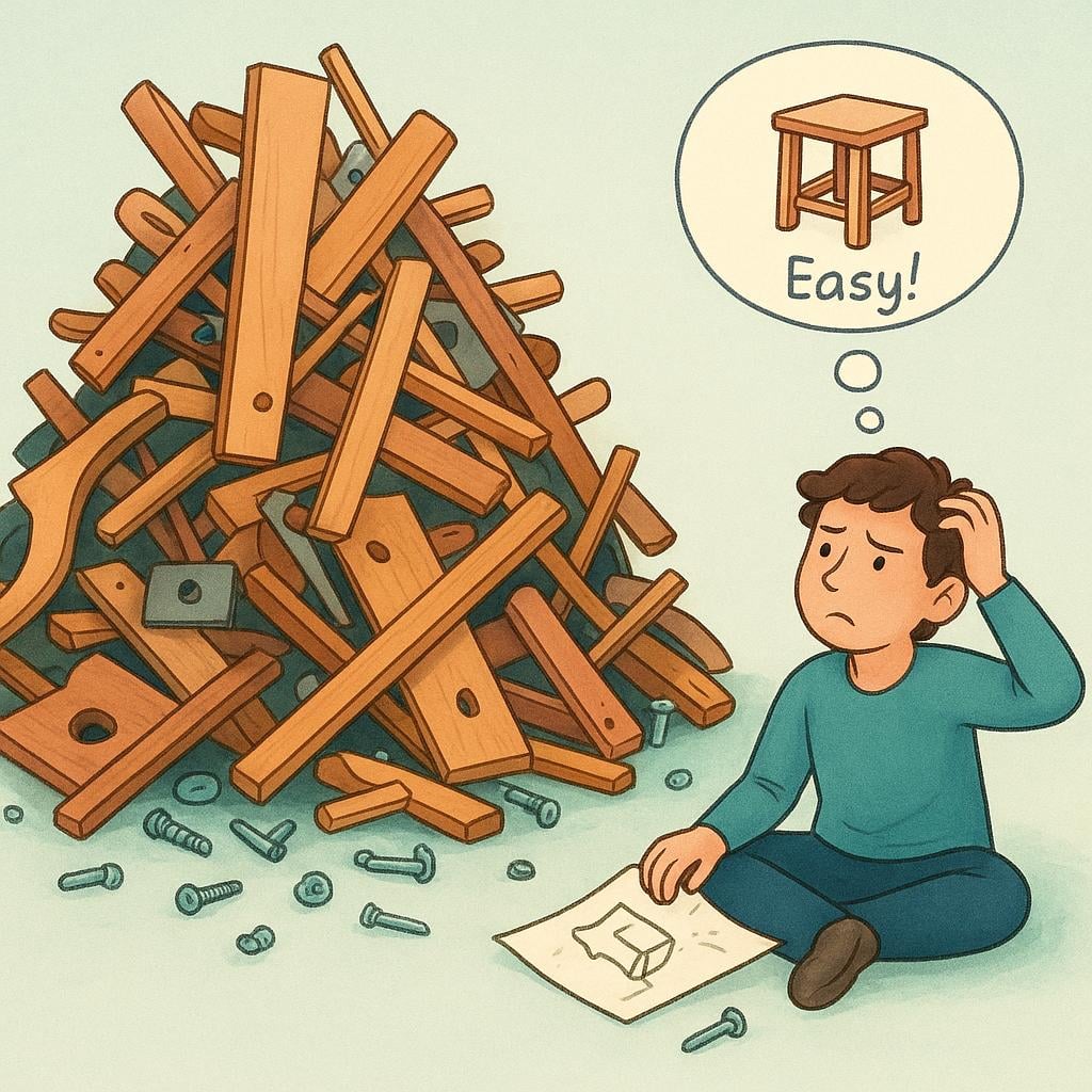 A person looking at a complicated, confusing pile of furniture assembly parts with a bewildered expression, symbolizing a difficult task that was initially thought to be simple.