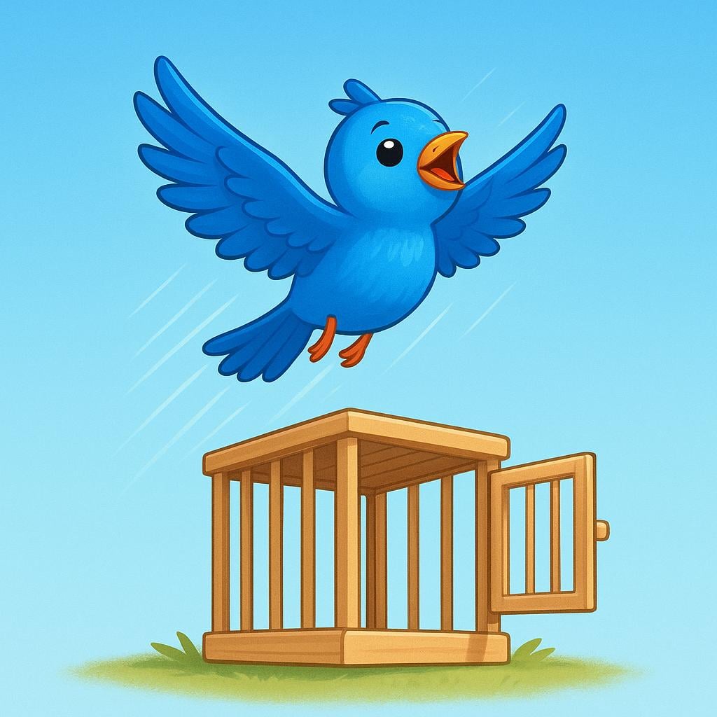 A small, vibrant blue bird flying rapidly into a bright blue sky, having just escaped from a simple, open wooden cage sitting on the ground.