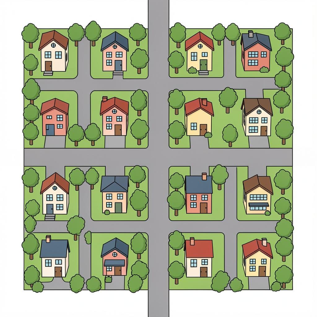 Una vista dall'alto di un colorato quartiere cittadino che mostra quattro isolati stradali distinti separati da strade.