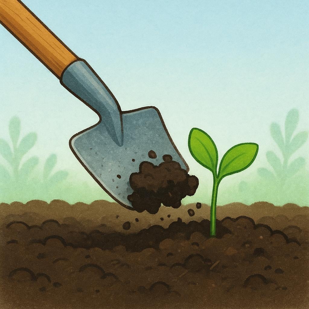 A garden hoe loosening the soil around a small green leafy plant.