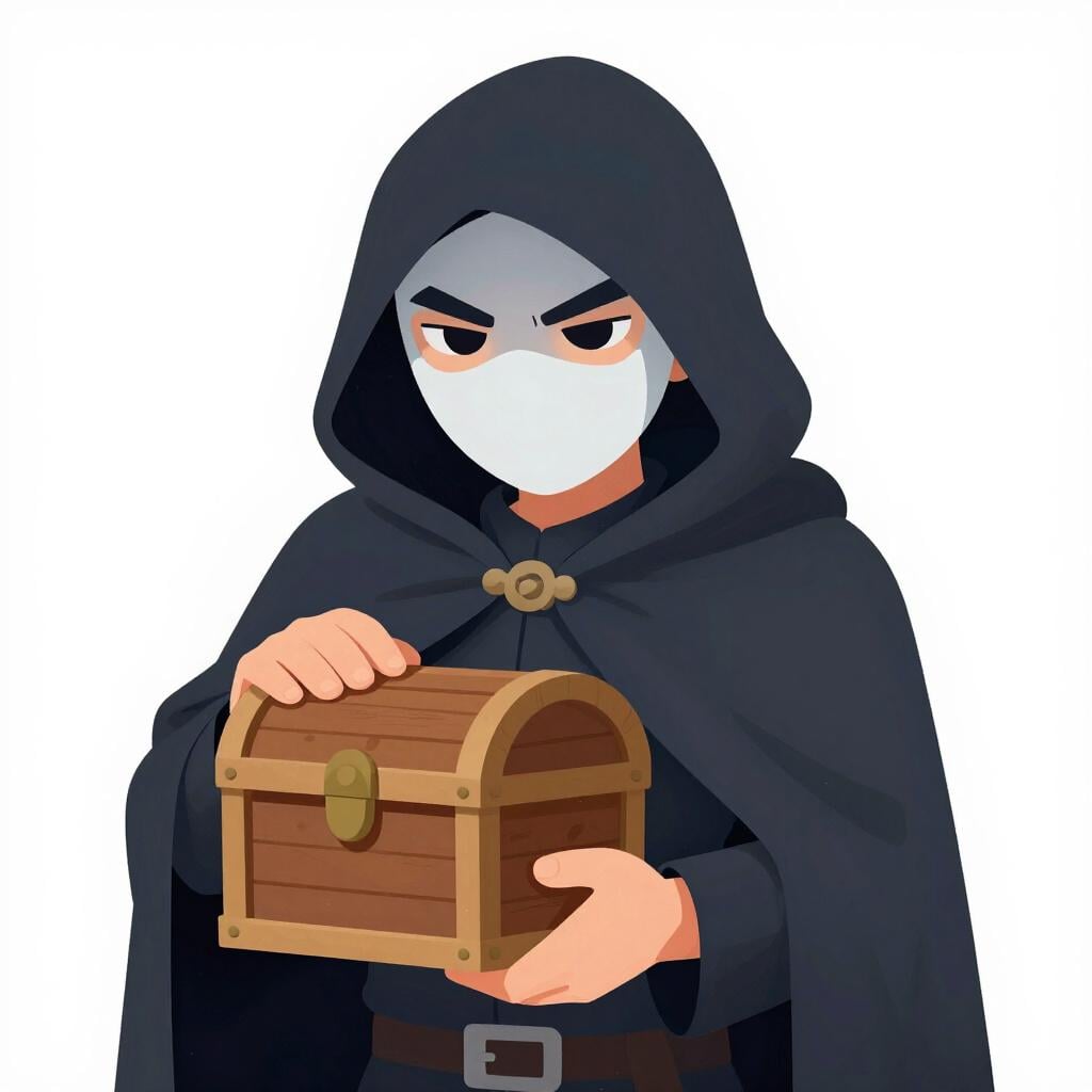A person wearing a dark cloak and a mask holding a stolen treasure chest.