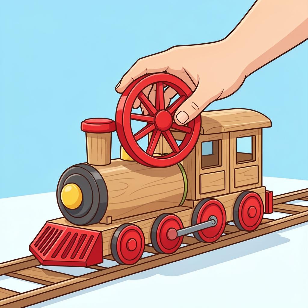 A smiling person successfully putting the final piece back onto a colorful wooden toy train.