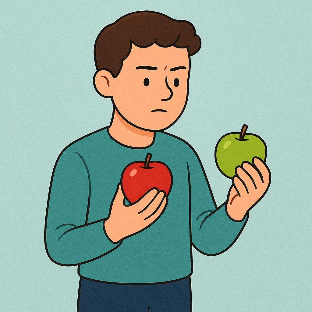 A thoughtful person holding a red apple in one hand and a green apple in the other, looking intently at them as if evaluating their quality.