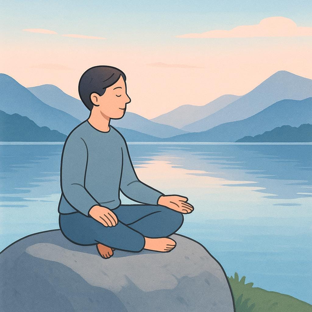 A serene adult sitting cross-legged on a large grey rock overlooking a calm blue mountain lake at sunrise, representing peaceful contemplation.