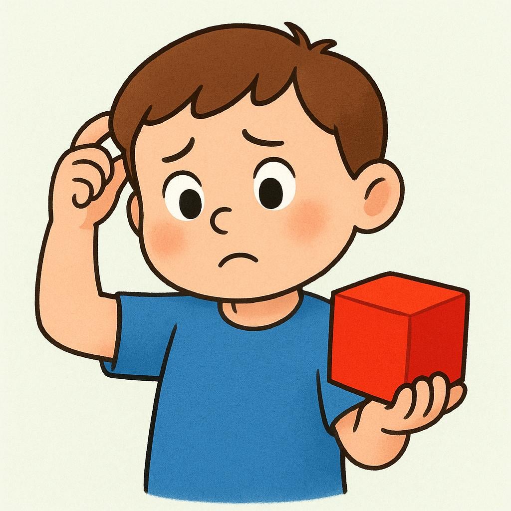 A cartoon character with a deeply puzzled expression, scratching their head while holding a simple red square block.