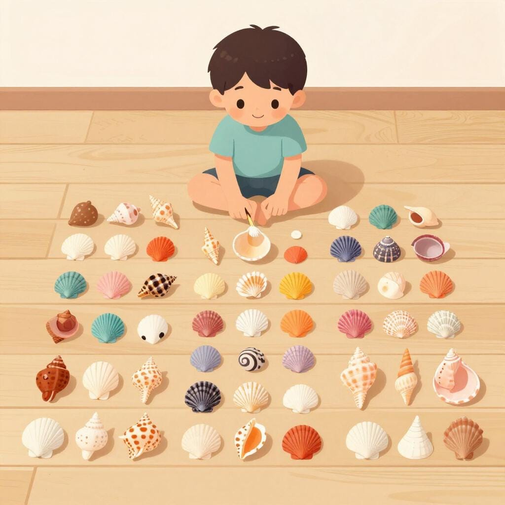 Ein Kind sitzt auf einem Teppich und ordnet sorgfältig eine große Sammlung bunter Muscheln in ordentlichen Reihen an.