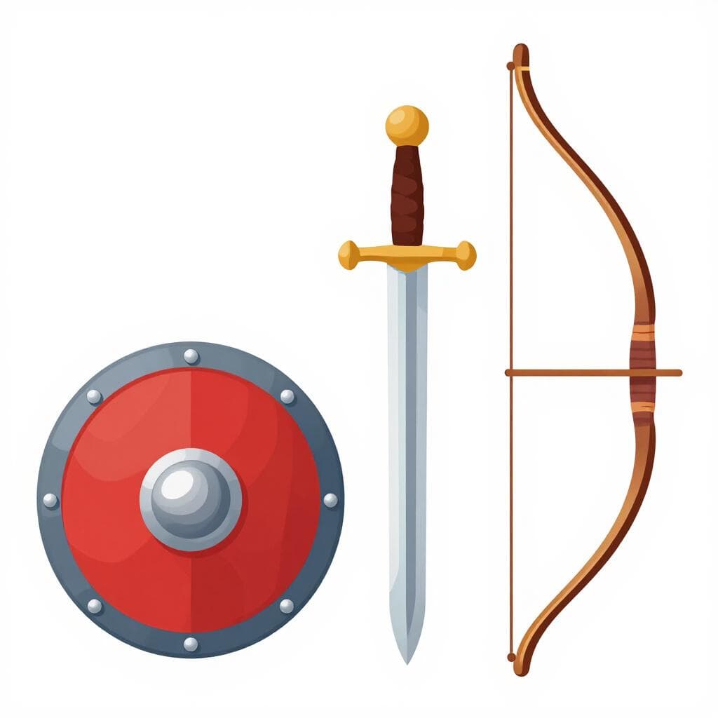 Un ensemble de divers outils défensifs historiques et modernes comprenant un bouclier, une épée et un arc.