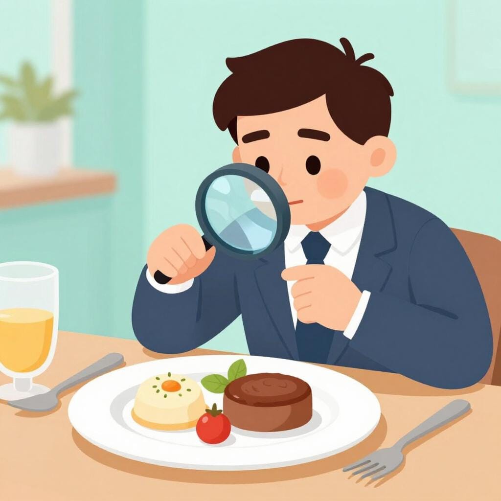 A person sitting at a desk carefully examining a chef's plate of food with a magnifying glass.