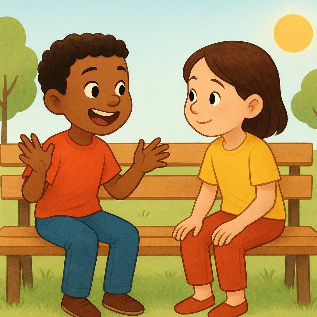 A simple illustration of two friends sitting together, one actively speaking with animated gestures and the other listening intently, representing the informal singular verb form 'you speak'.
