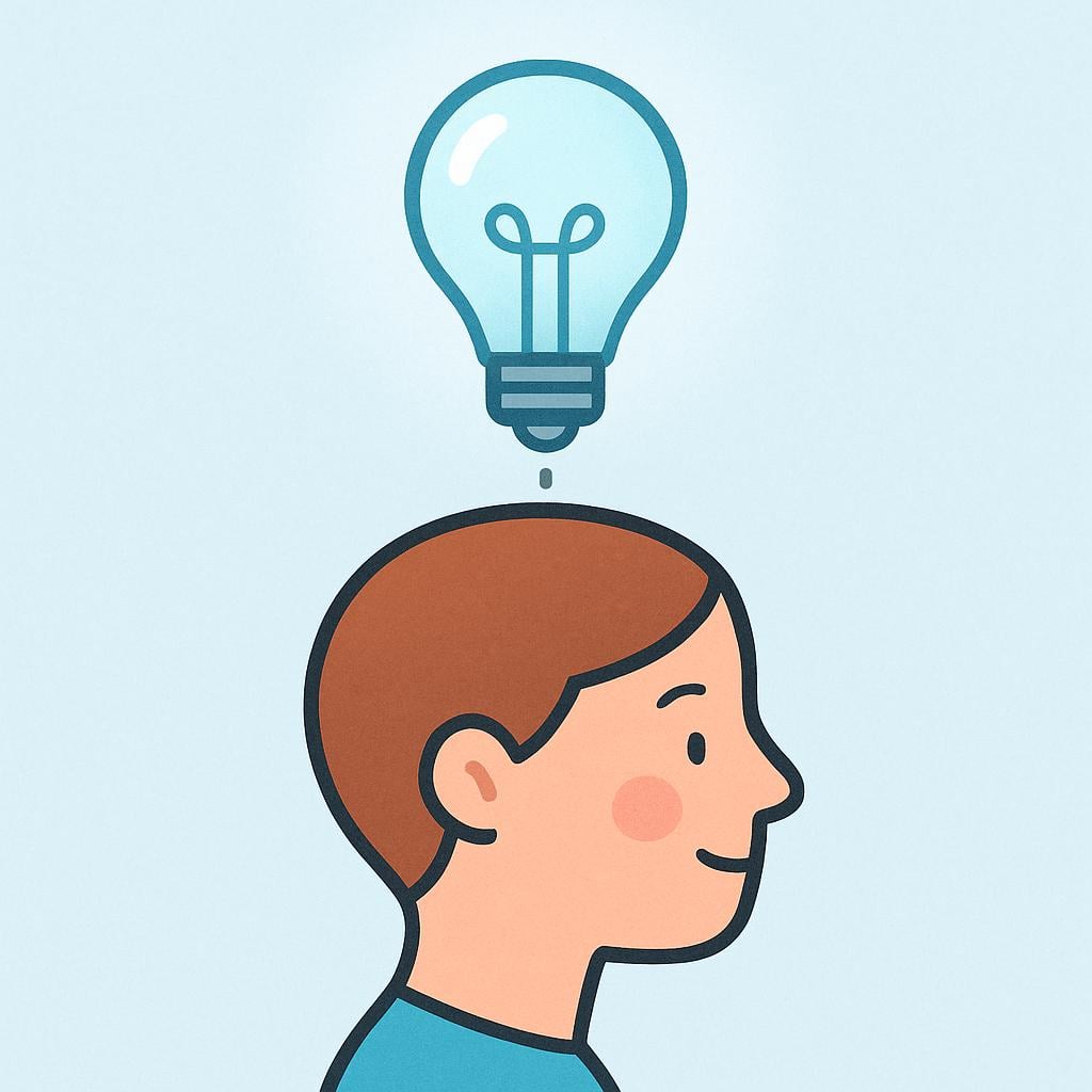 A simple profile illustration of a person's head against a colorful background. A bright, stylized lightbulb floats directly above the head, connected by a simple dashed line, symbolizing a formed plan or intention.