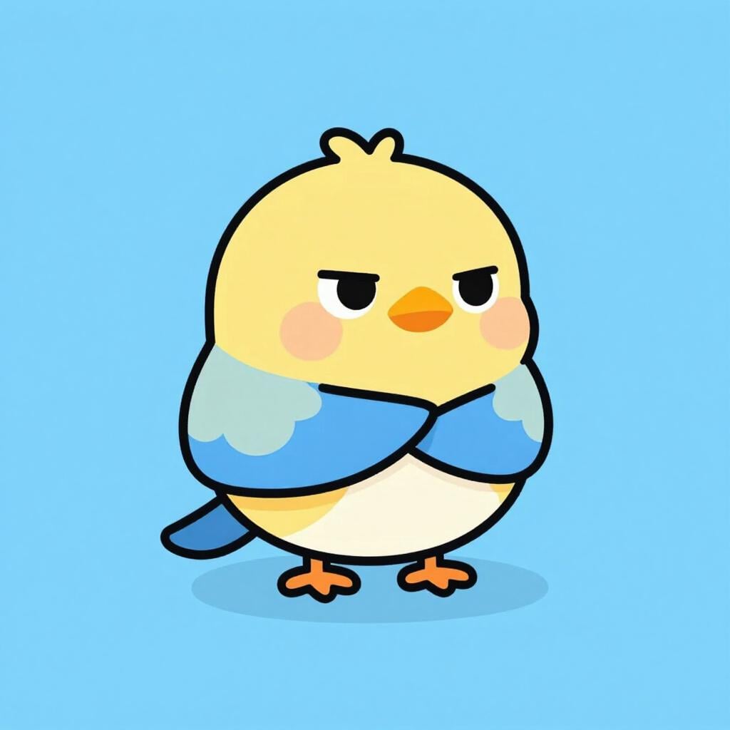 A small bird with crossed wings and a grumpy expression, looking away from a crumb.