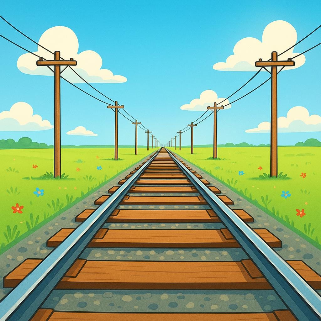 A simple illustration of a long, straight railroad track running through a sunny field. The tracks and telegraph poles clearly converge toward a single vanishing point on the distant horizon, creating visual depth.