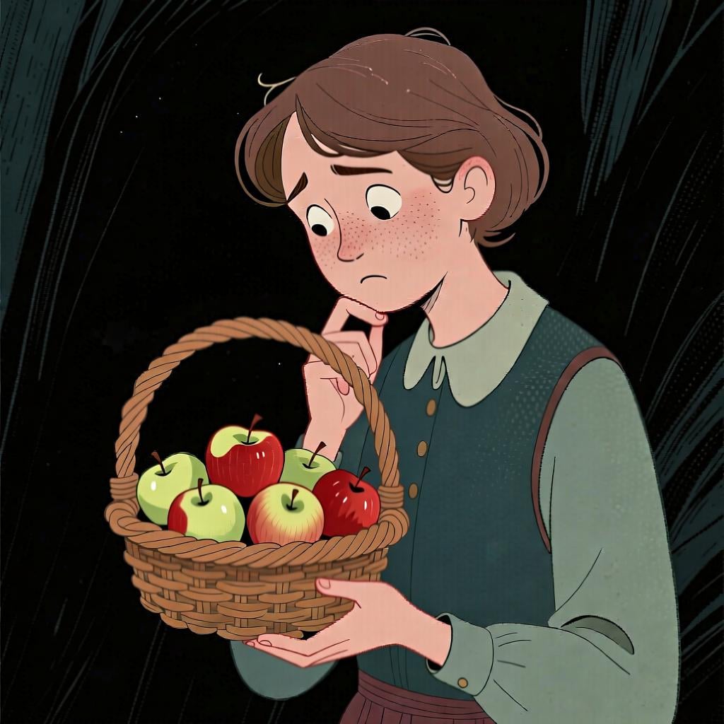 A person holding a small basket of about five or six apples and looking at them with a slightly unsure expression, as if guessing the quantity.