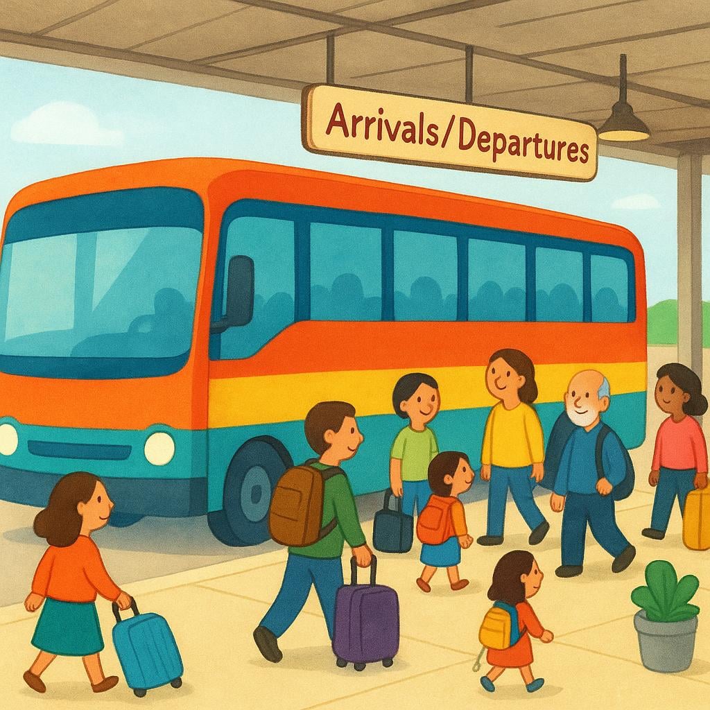 A large, brightly colored articulated bus parked at a covered station platform, clearly indicating a central transport hub where passengers wait.